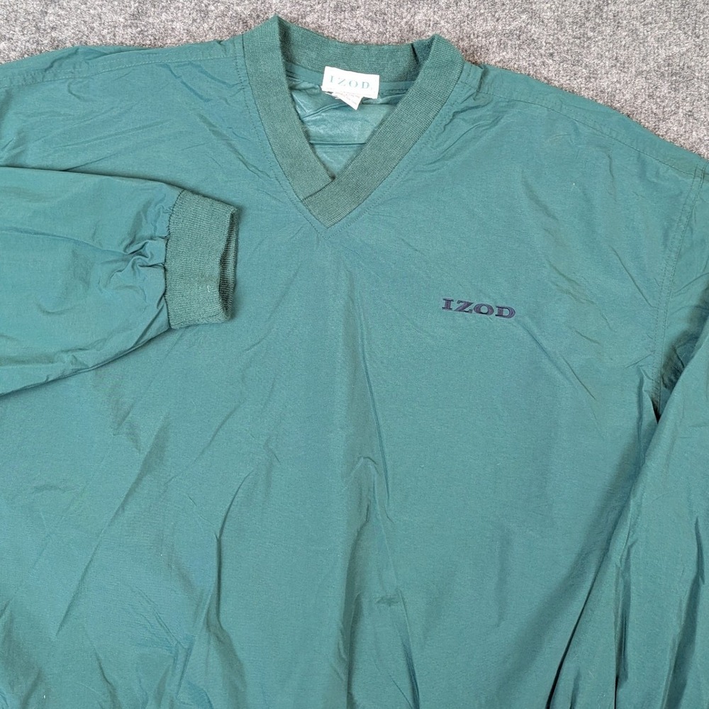 IZOD Mens V-Neck Windbreaker Jacket Green Nylon Pullover Large Logo Pocket
